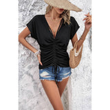 Color Block Deep V Ruched Lace Fit Solid Shirt - MVTFASHION.COM