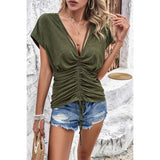 Color Block Deep V Ruched Lace Fit Solid Shirt - MVTFASHION.COM