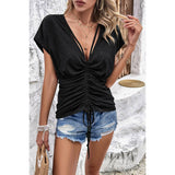 Color Block Deep V Ruched Lace Fit Solid Shirt - MVTFASHION.COM