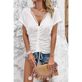 Color Block Deep V Ruched Lace Fit Solid Shirt - MVTFASHION.COM