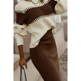 Color Block Drop Shoulder Elastic Knit Set - MVTFASHION.COM