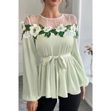 Color Block Floral Embroidery Lace Trim Belt Top - MVTFASHION.COM