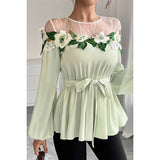 Color Block Floral Embroidery Lace Trim Belt Top - MVTFASHION.COM