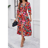 Color Block Floral Ruffle Trim Belt A Line Dress - MVTFASHION.COM