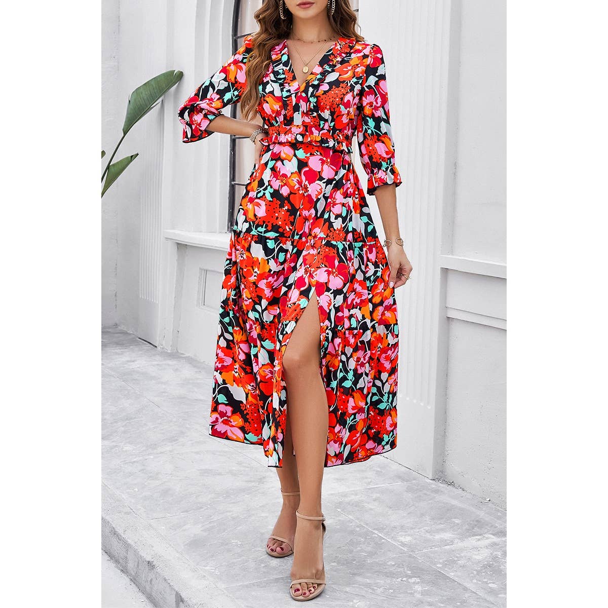 Color Block Floral Ruffle Trim Belt A Line Dress - MVTFASHION.COM