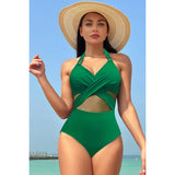 Color Block Halter Cross Lace One Piece Swimsuit - MVTFASHION.COM