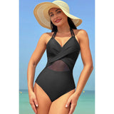 Color Block Halter Cross Lace One Piece Swimsuit - MVTFASHION.COM