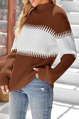 Color Block Loose Mockneck Sweater - MVTFASHION.COM