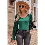 Color Block Ruffle Trim Crew Neck Knit Blouse - MVTFASHION.COM