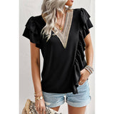 Color Block V Neck Lace Solid Ruffle Loose Fit Top - MVTFASHION.COM