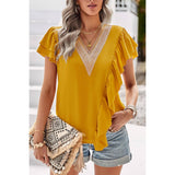 Color Block V Neck Lace Solid Ruffle Loose Fit Top - MVTFASHION.COM