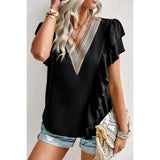 Color Block V Neck Lace Solid Ruffle Loose Fit Top - MVTFASHION.COM