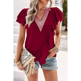 Color Block V Neck Lace Solid Ruffle Loose Fit Top - MVTFASHION.COM