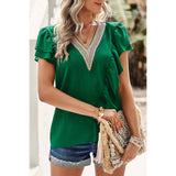 Color Block V Neck Lace Solid Ruffle Loose Fit Top - MVTFASHION.COM