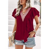 Color Block V Neck Lace Solid Ruffle Loose Fit Top - MVTFASHION.COM