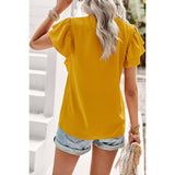 Color Block V Neck Lace Solid Ruffle Loose Fit Top - MVTFASHION.COM