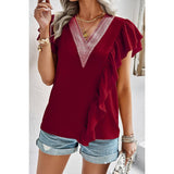 Color Block V Neck Lace Solid Ruffle Loose Fit Top - MVTFASHION.COM