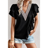 Color Block V Neck Lace Solid Ruffle Loose Fit Top - MVTFASHION.COM