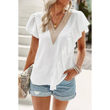 Color Block V Neck Lace Solid Ruffle Loose Fit Top - MVTFASHION.COM