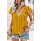 Color Block V Neck Lace Solid Ruffle Loose Fit Top - MVTFASHION.COM