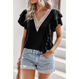 Color Block V Neck Lace Solid Ruffle Loose Fit Top - MVTFASHION.COM