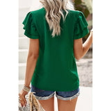 Color Block V Neck Lace Solid Ruffle Loose Fit Top - MVTFASHION.COM