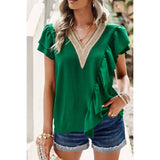 Color Block V Neck Lace Solid Ruffle Loose Fit Top - MVTFASHION.COM