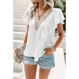 Color Block V Neck Lace Solid Ruffle Loose Fit Top - MVTFASHION.COM