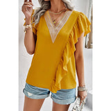 Color Block V Neck Lace Solid Ruffle Loose Fit Top - MVTFASHION.COM