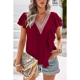 Color Block V Neck Lace Solid Ruffle Loose Fit Top - MVTFASHION.COM