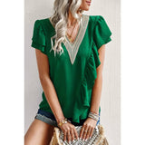 Color Block V Neck Lace Solid Ruffle Loose Fit Top - MVTFASHION.COM