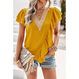 Color Block V Neck Lace Solid Ruffle Loose Fit Top - MVTFASHION.COM