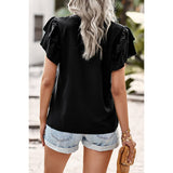 Color Block V Neck Lace Solid Ruffle Loose Fit Top - MVTFASHION.COM