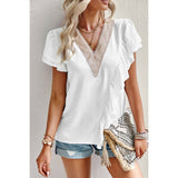 Color Block V Neck Lace Solid Ruffle Loose Fit Top - MVTFASHION.COM