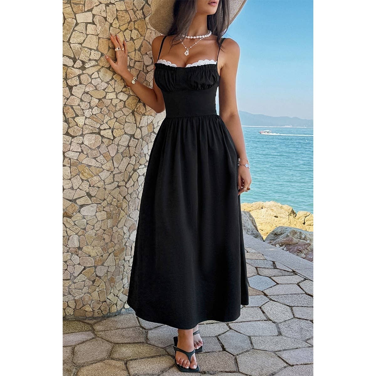 Contrast Color Lace Spaghetti Strap Long Dress - MVTFASHION.COM