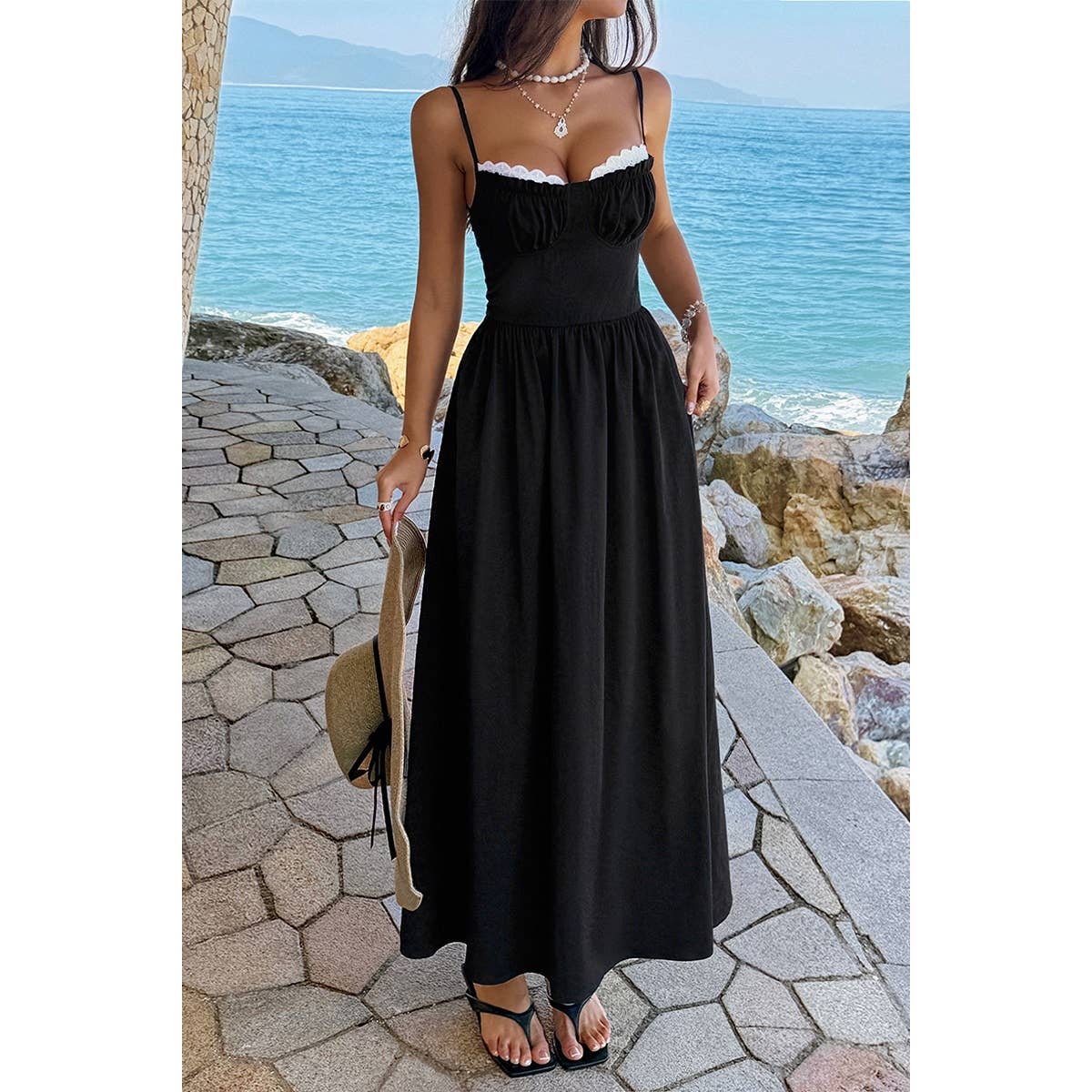 Contrast Color Lace Spaghetti Strap Long Dress - MVTFASHION.COM