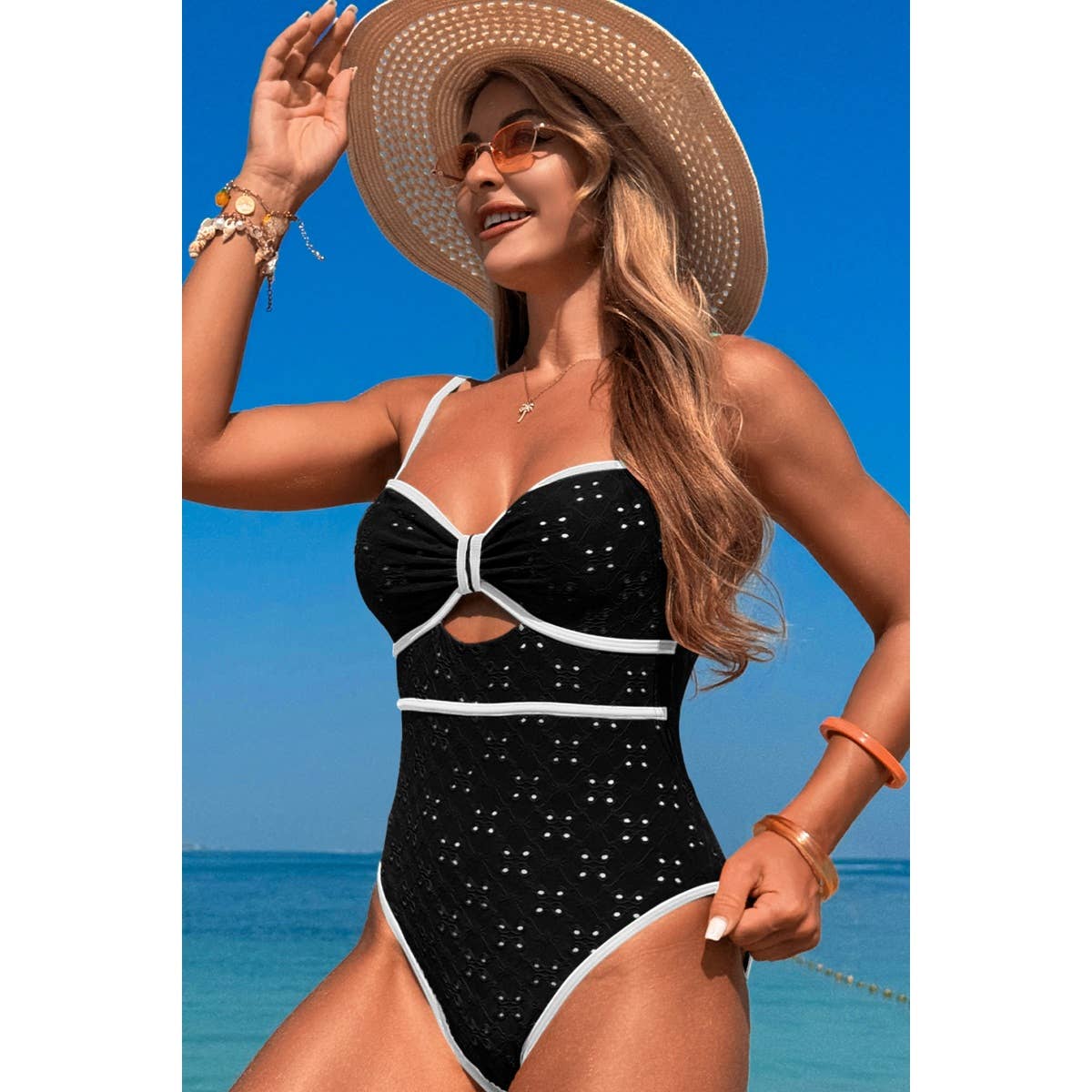 Contrast Trim Knot Front Cut One Piece Swimsuit - MVTFASHION.COM