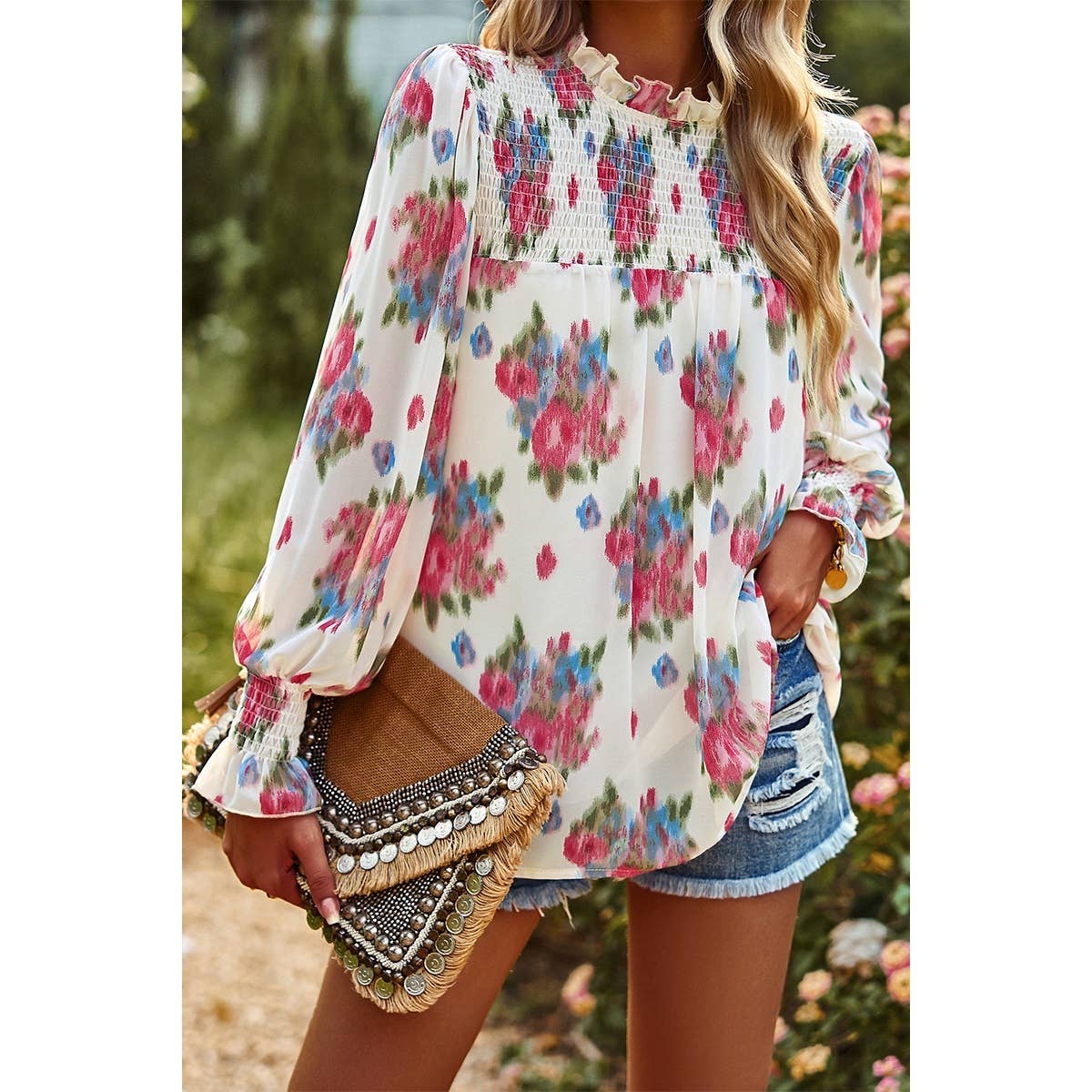 Cowl Neck Floral Chiffon Ruffle Blouse - MVTFASHION.COM