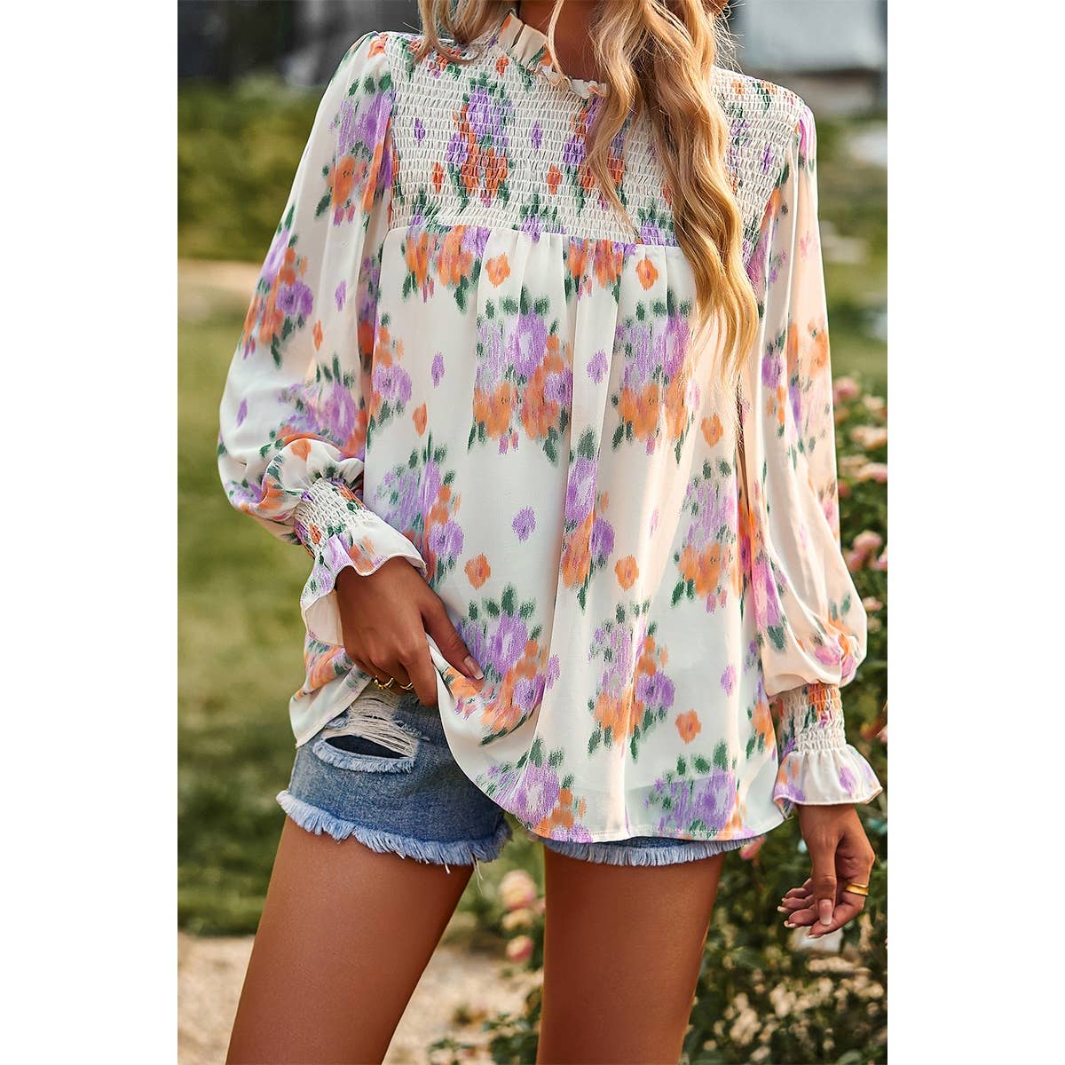 Cowl Neck Floral Chiffon Ruffle Blouse - MVTFASHION.COM