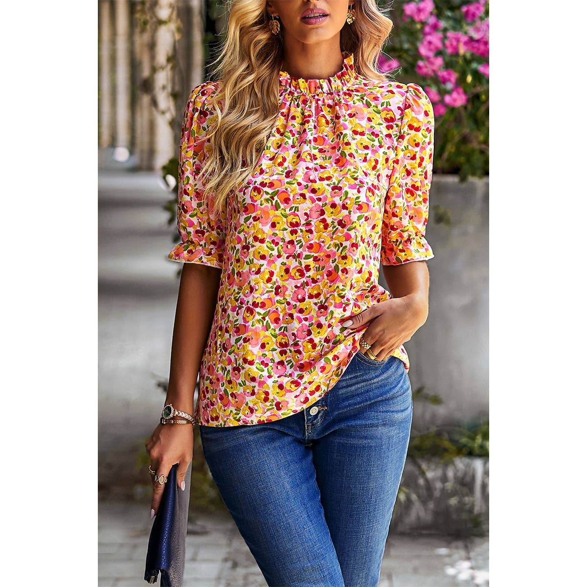 Crew Neck Floral Print Bohemian Top - MVTFASHION.COM