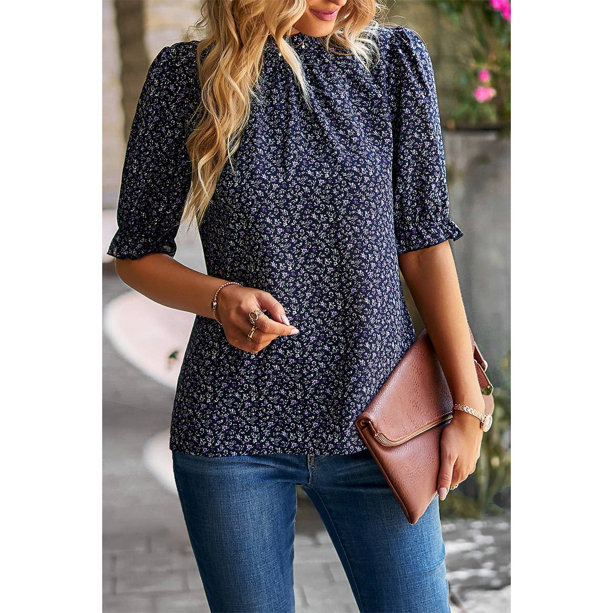 Crew Neck Floral Print Bohemian Top - MVTFASHION.COM