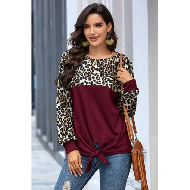 Crew Neck Leopard Solid Loose Top - MVTFASHION.COM