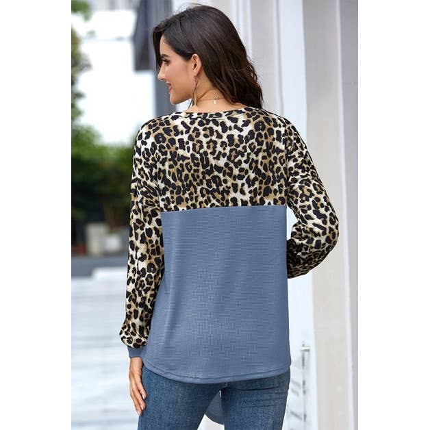 Crew Neck Leopard Solid Loose Top - MVTFASHION.COM