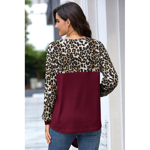 Crew Neck Leopard Solid Loose Top - MVTFASHION.COM