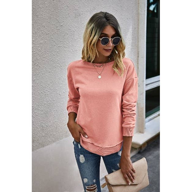 Crew Neck Solid Long Sleeve Sweatshirt - MVTFASHION.COM