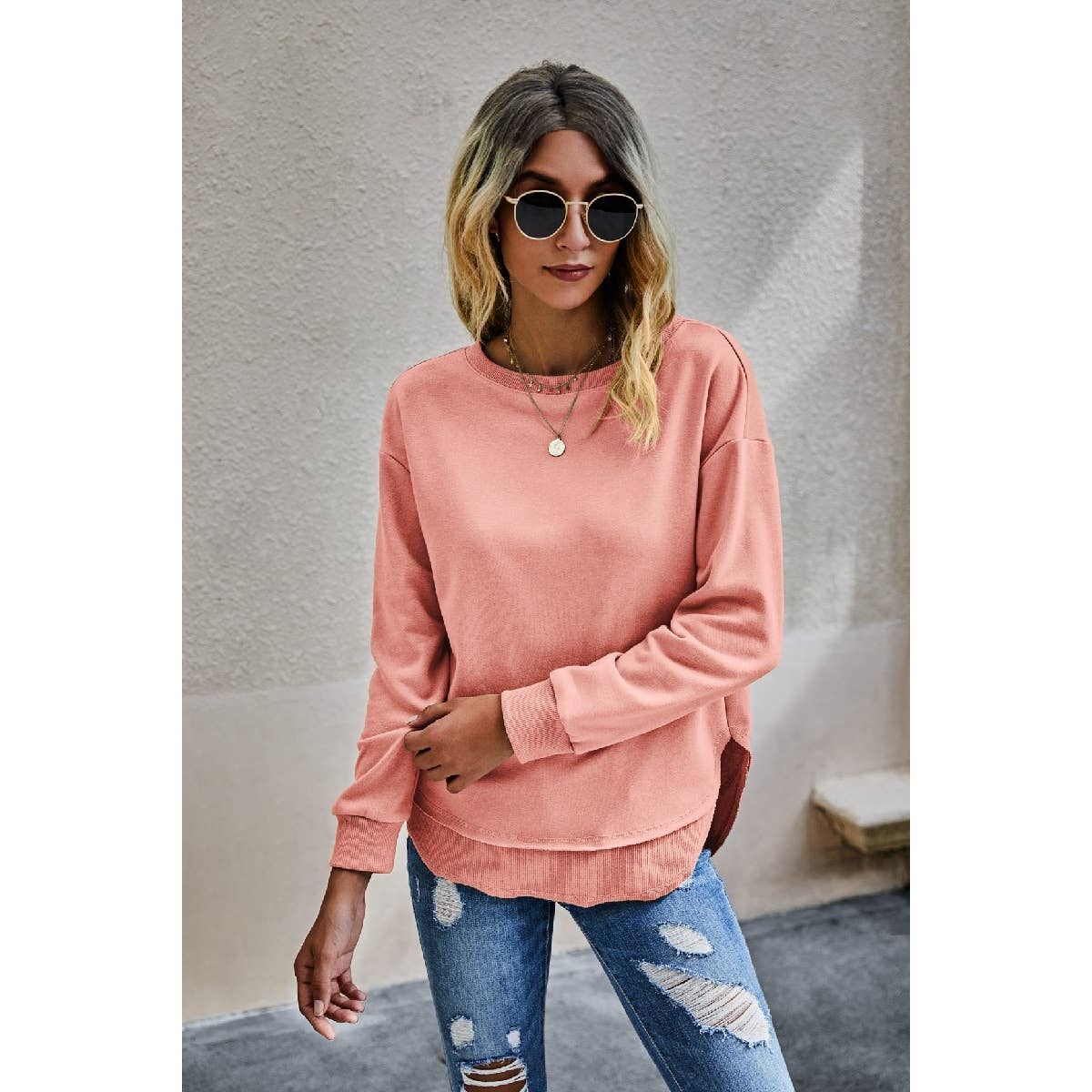 Crew Neck Solid Long Sleeve Sweatshirt - MVTFASHION.COM