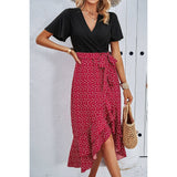 Cross Color Block Lace V Neck Belt Print Dress - MVTFASHION.COM