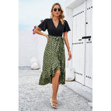 Cross Color Block Lace V Neck Belt Print Dress - MVTFASHION.COM