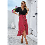 Cross Color Block Lace V Neck Belt Print Dress - MVTFASHION.COM