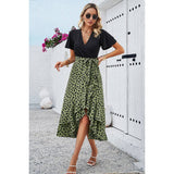 Cross Color Block Lace V Neck Belt Print Dress - MVTFASHION.COM